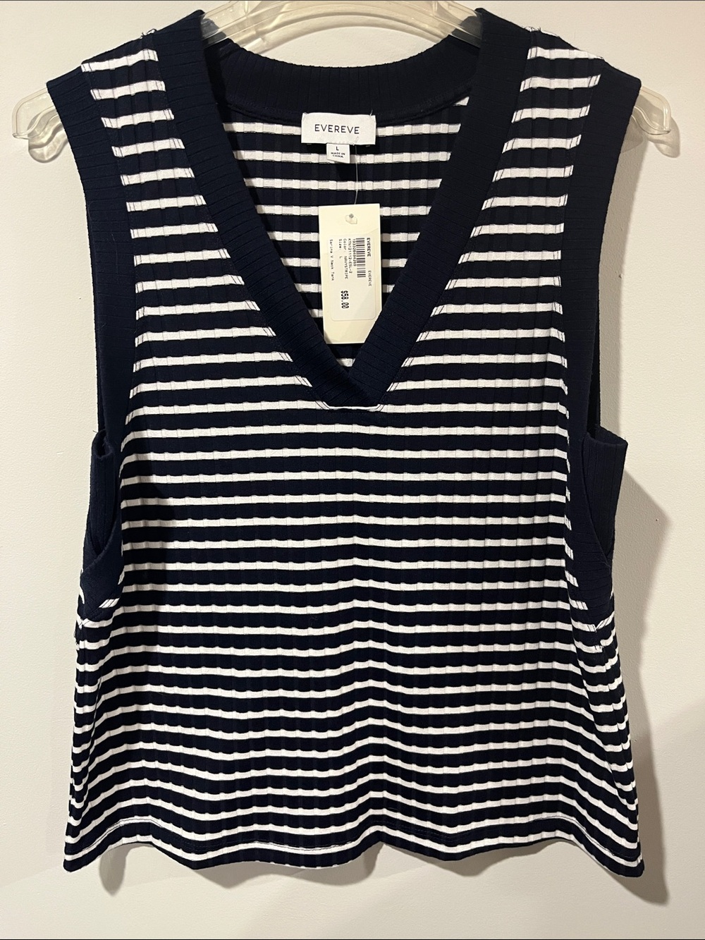 Evereve Navy & White Ribbed Striped V-Neck Tank